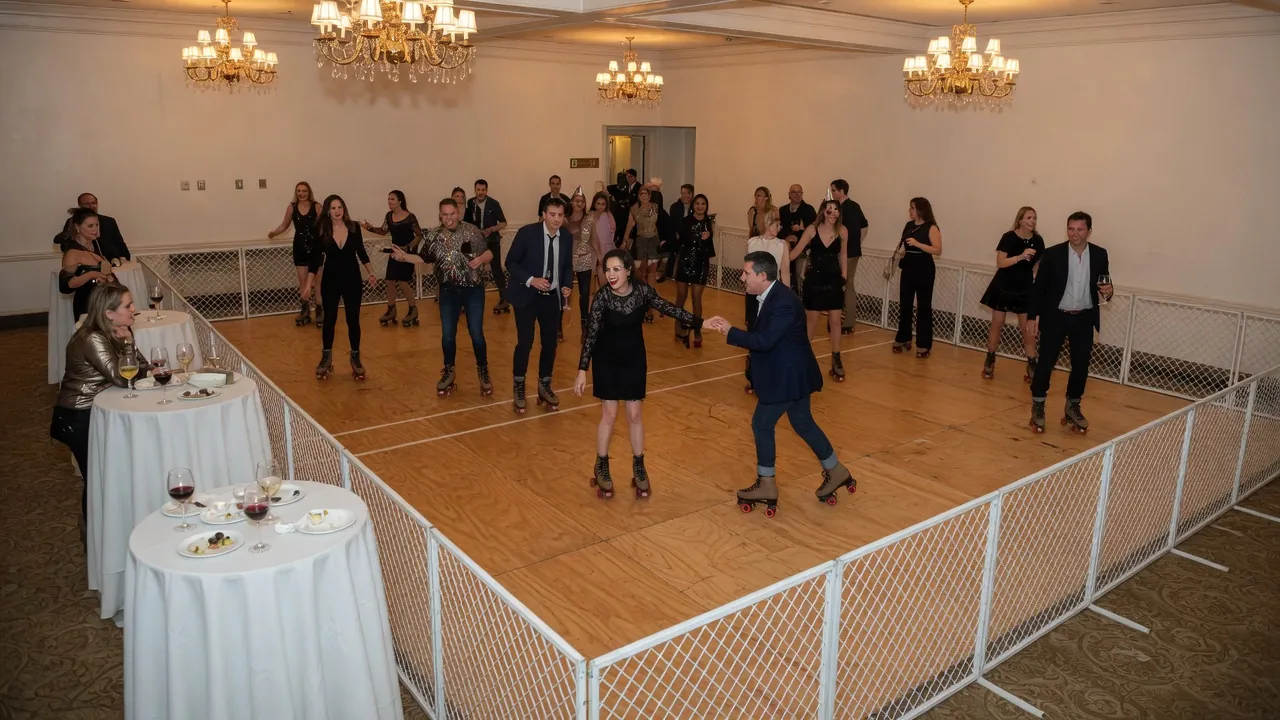 Editorial photo of a compact portable rink in an indoor New York event hall; not a specific venue