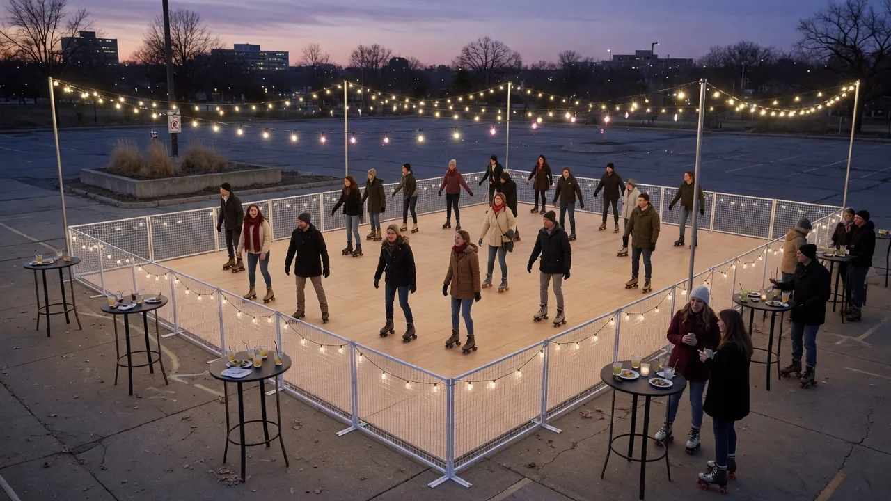 Editorial photo of a portable roller rink on a winter New York civic plaza; not a specific venue