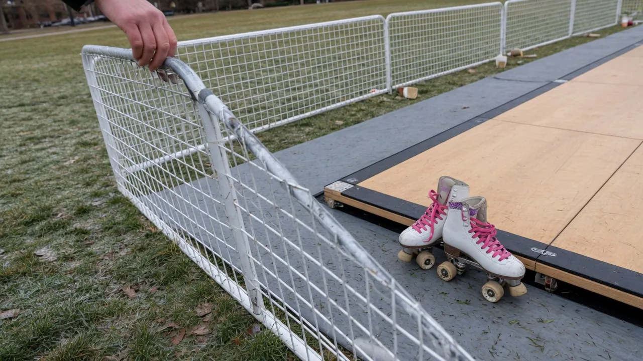 Editorial photo of a portable roller rink in a Newark, DE-style setting; not a specific venue