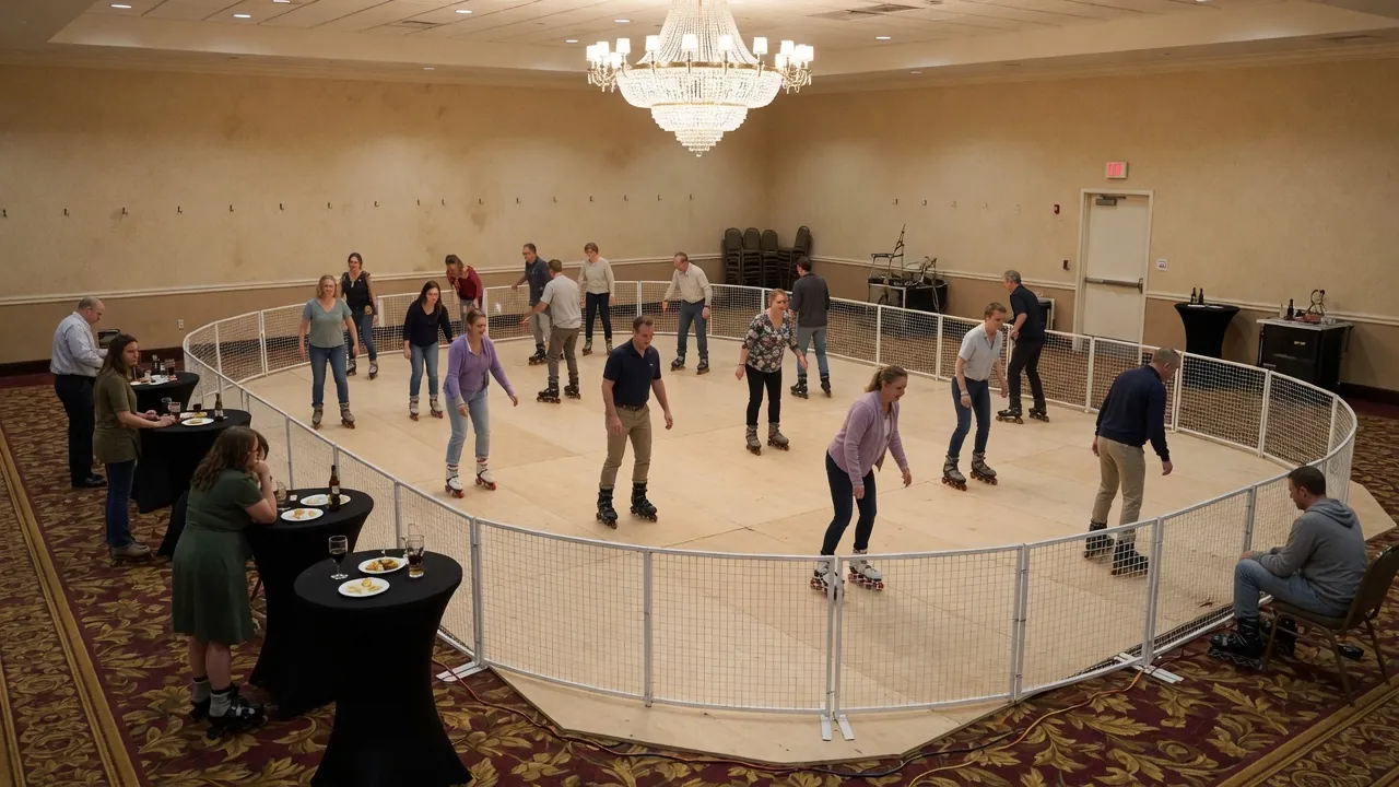 Editorial photo of a portable roller rink in a campus indoor rec hall; not a specific Newark Delaware venue
