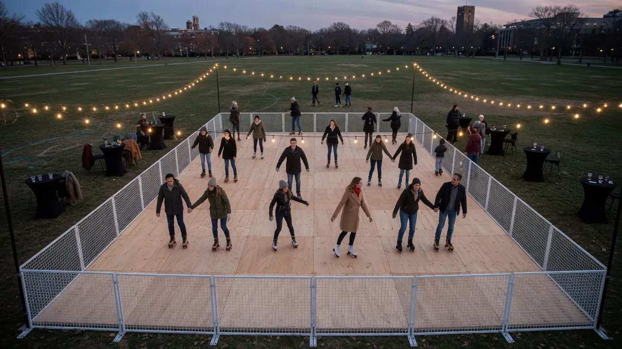 Editorial photo of a portable roller rink in a Newark, DE-style setting; not a specific venue
