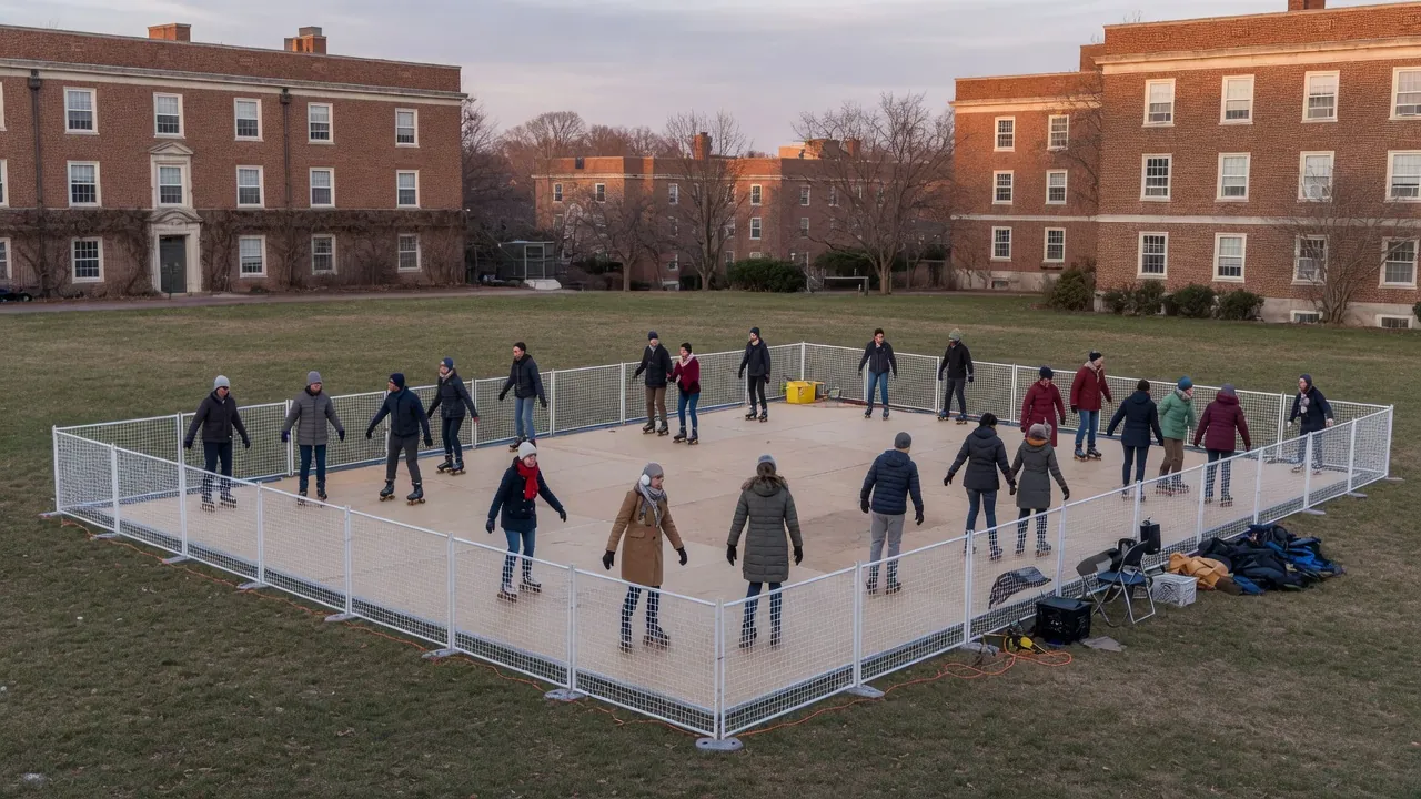 Editorial photo of a portable roller rink on a college-town winter green; not a specific Newark Delaware venue