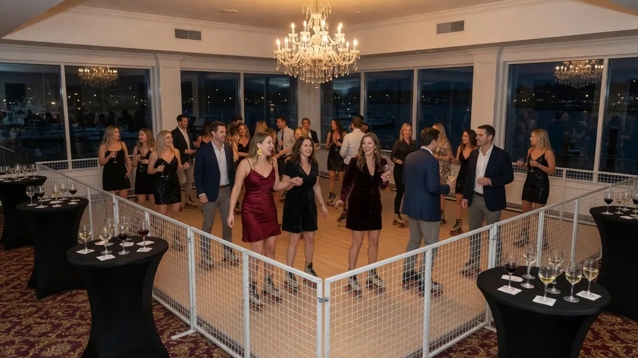 Portable roller rink rails, skates, and event lighting prepared inside indoor halls, covered venues, and weather-aware event spaces