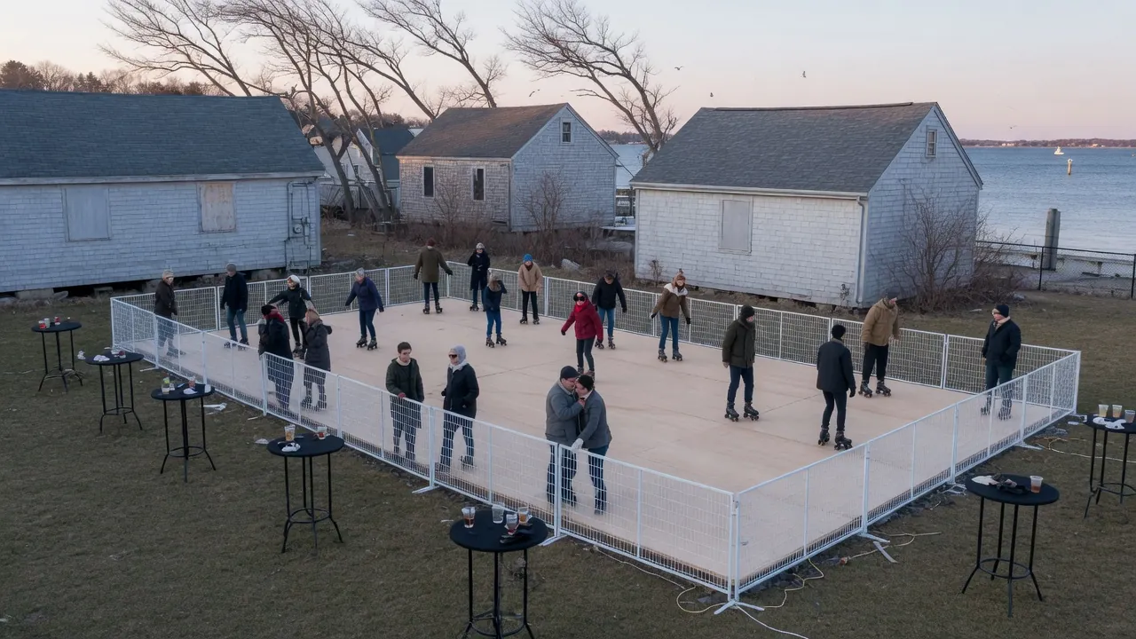 Guests skating on a modular roller floor inside a covered event venue