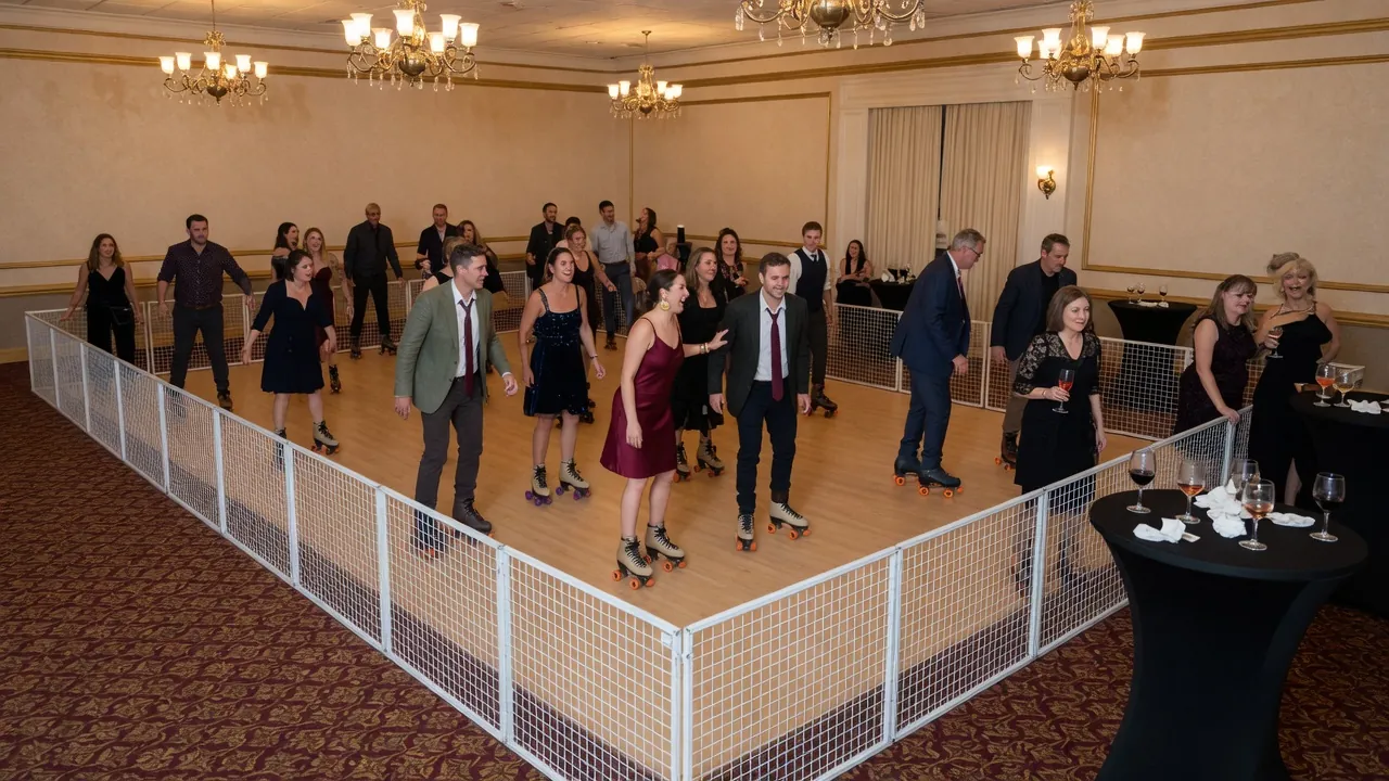 Portable rink rails and floor prepared inside a civic hall
