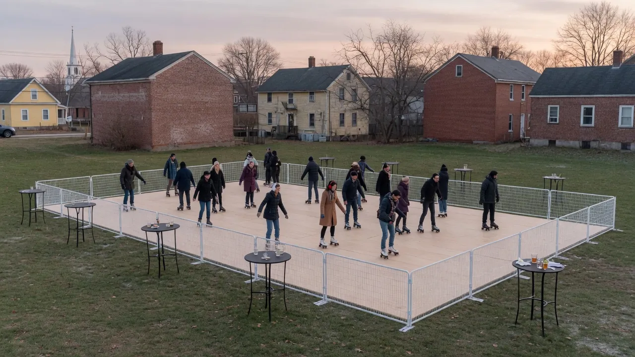 Families skating on a modular roller floor at a community event