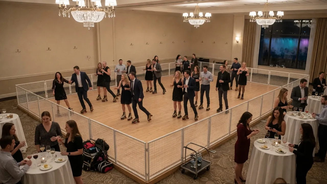 Editorial photo of a portable roller rink install for a Niagara Falls-style event; not a specific venue