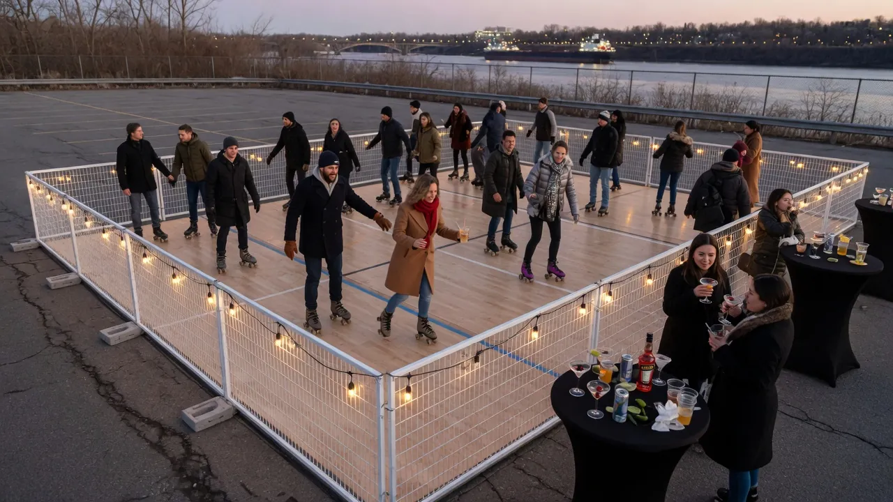 Editorial photo of a portable roller rink setup near a Niagara Falls-style event pad; not a specific venue
