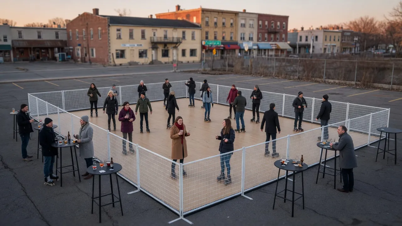 Editorial photo of a portable roller rink in a Niagara Falls-style setting; not a specific venue