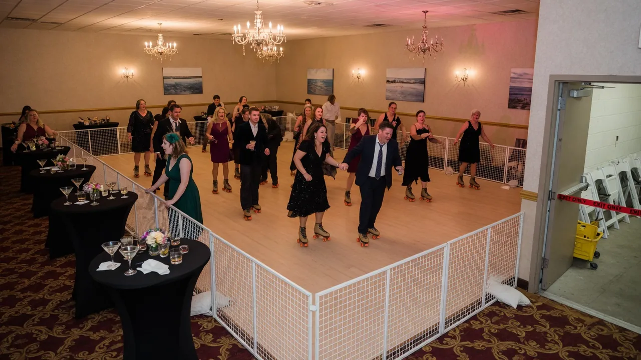 Portable rink rails and floor prepared inside a civic hall