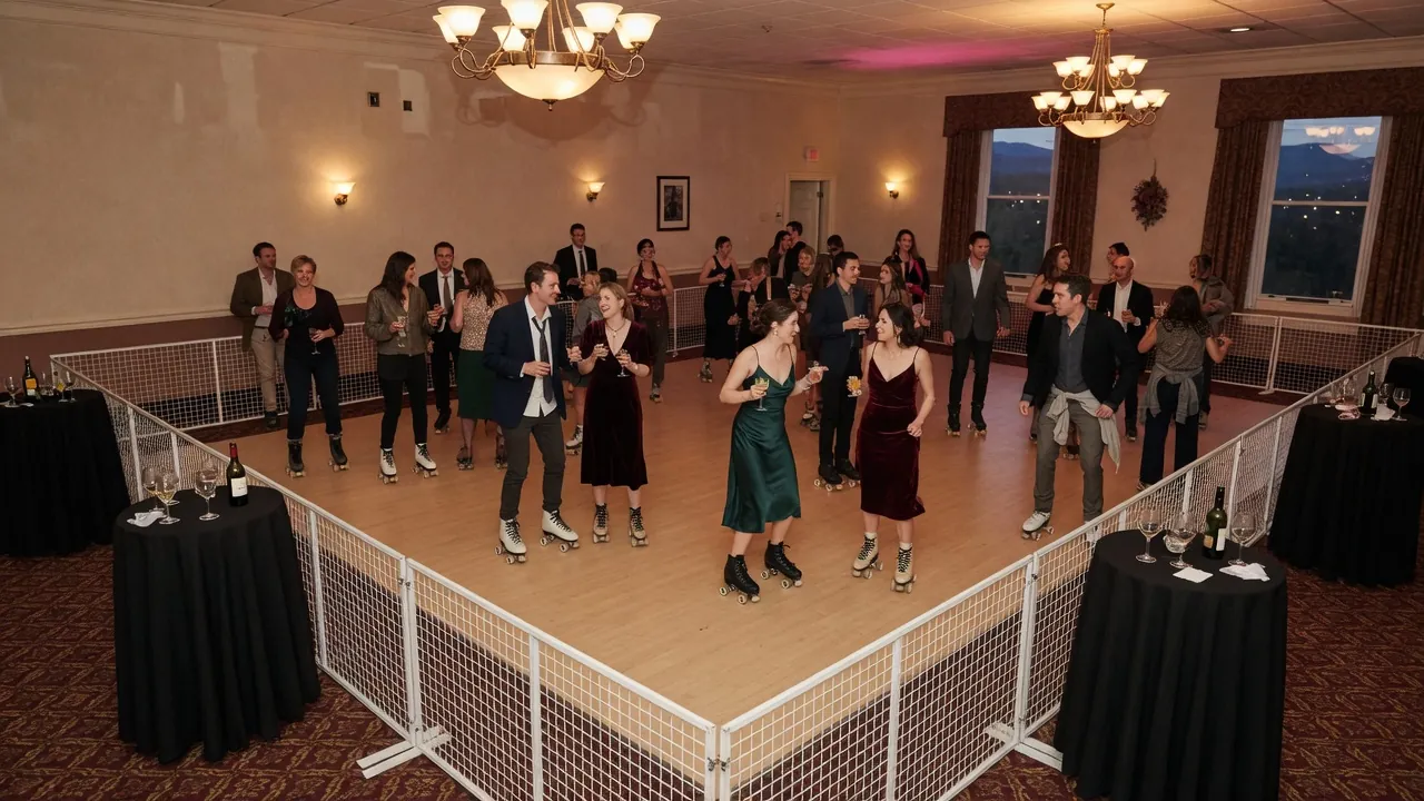 Portable rink rails and floor prepared inside a civic hall