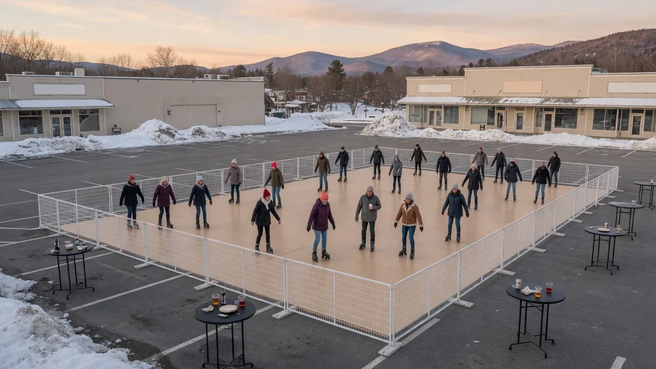 Families skating on a modular roller floor at a community event