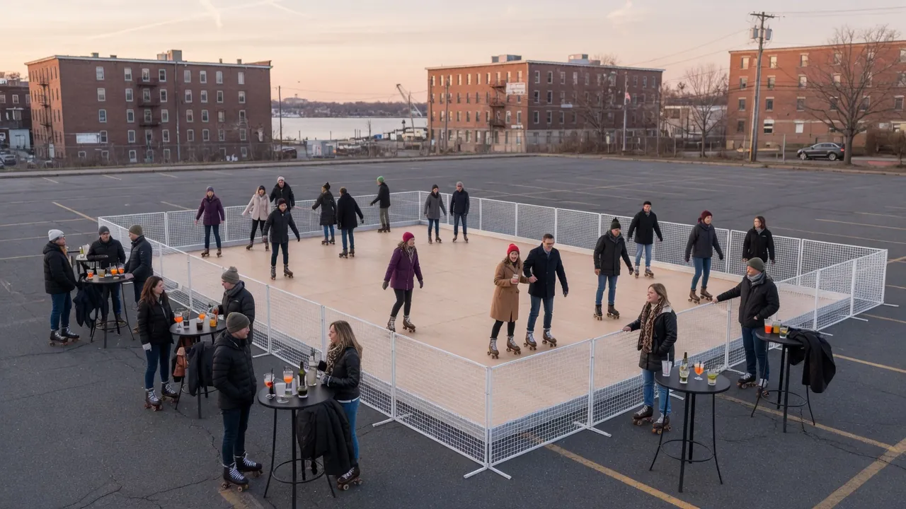 Guests skating on a modular roller floor inside a covered event venue