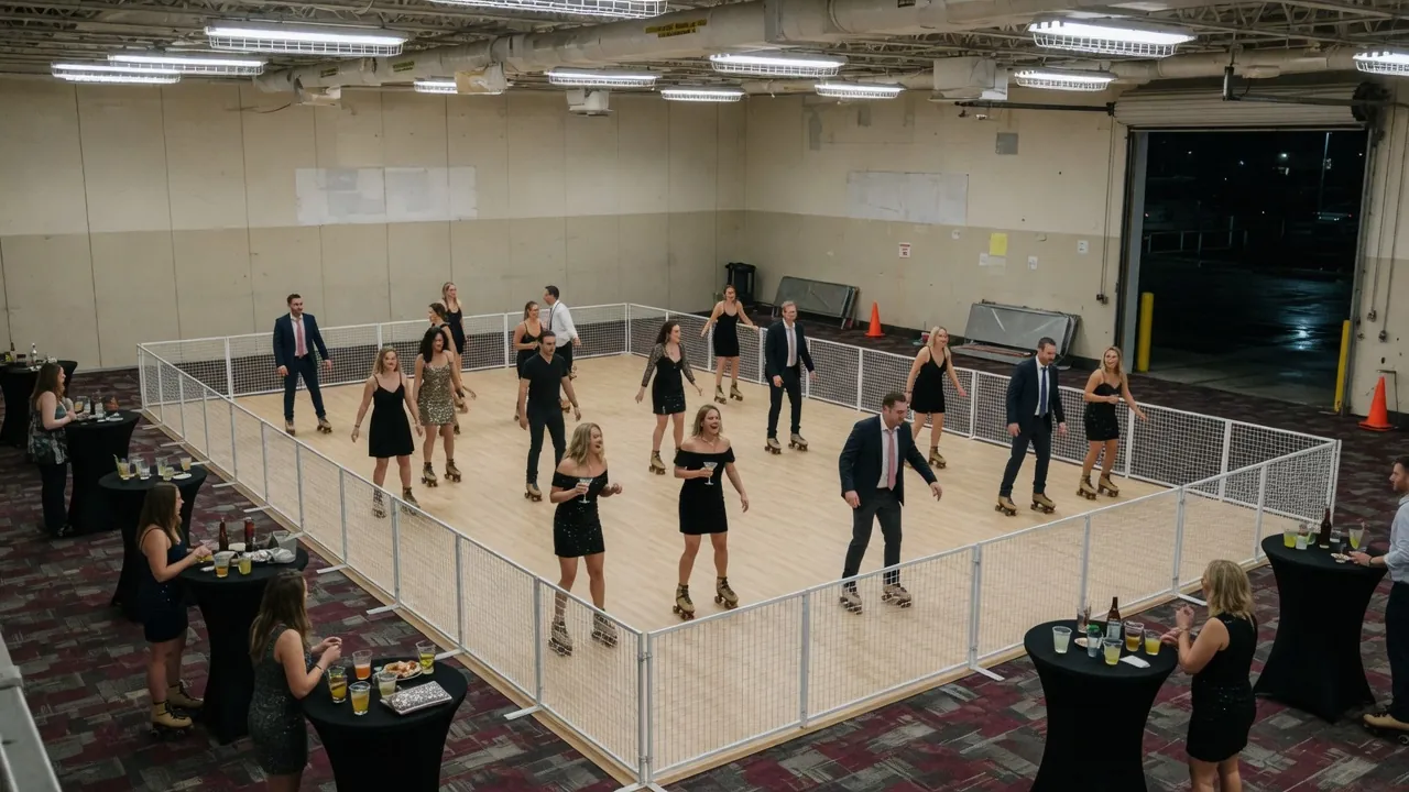 Guests skating on a modular roller floor inside a covered event venue