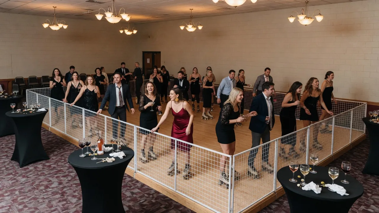 Portable roller rink rails and lighting prepared in a ballroom