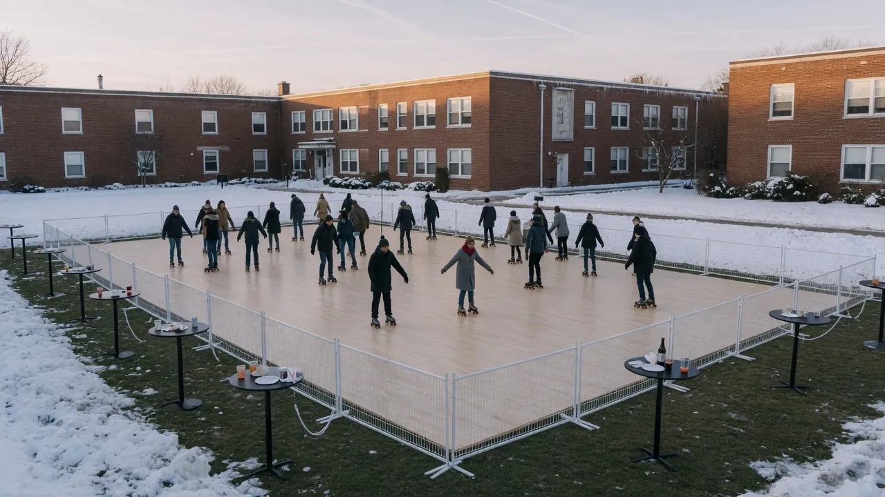 Guests skating on a modular roller floor inside a hotel event room
