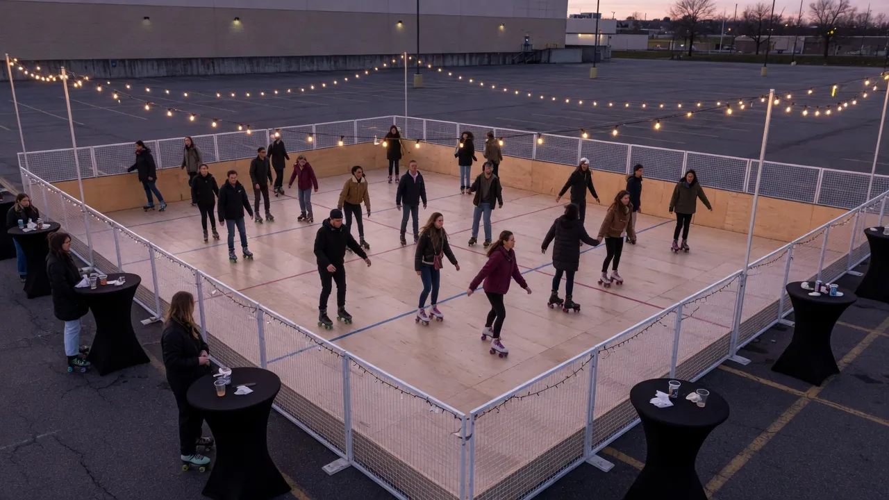 Editorial photo of a portable roller rink setup near a Paramus-style event pad; not a specific venue