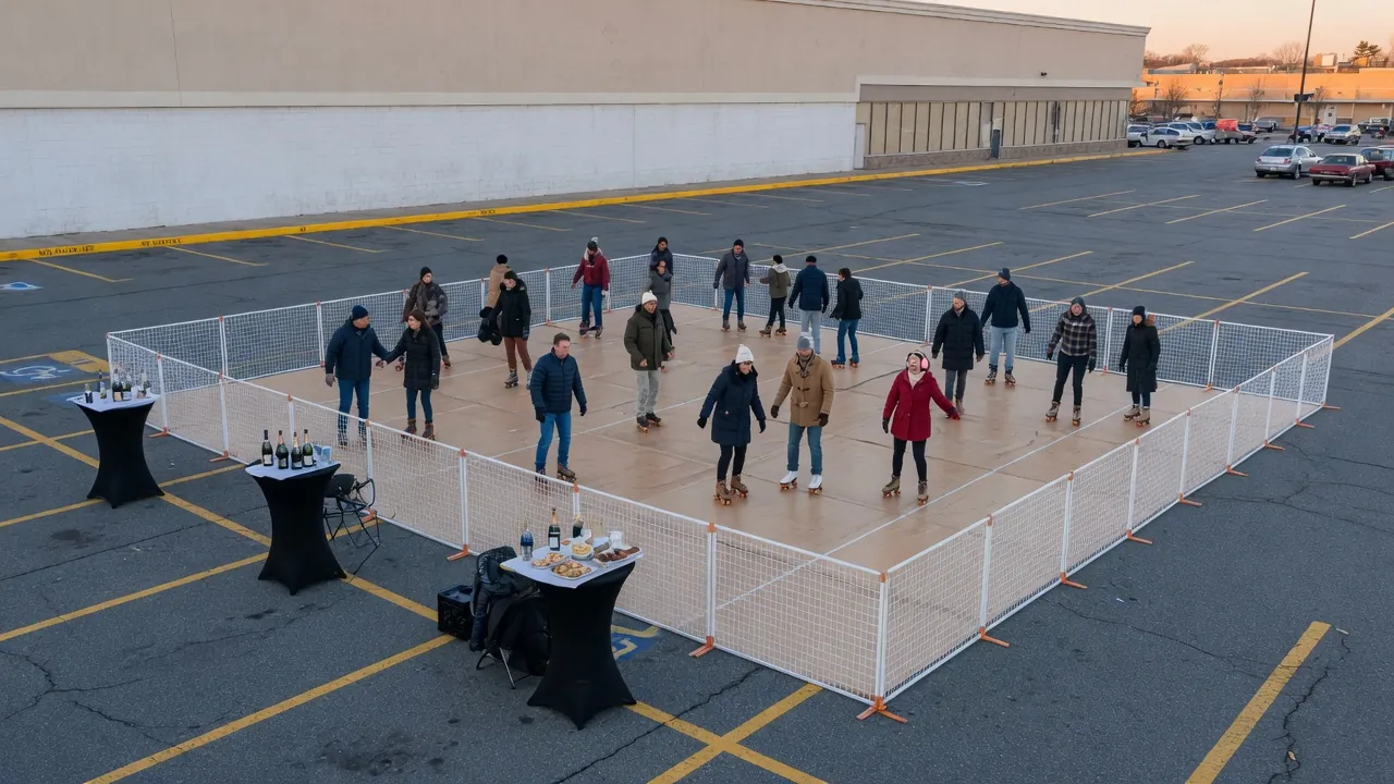 Editorial photo of a portable roller rink in a Paramus-style setting; not a specific venue