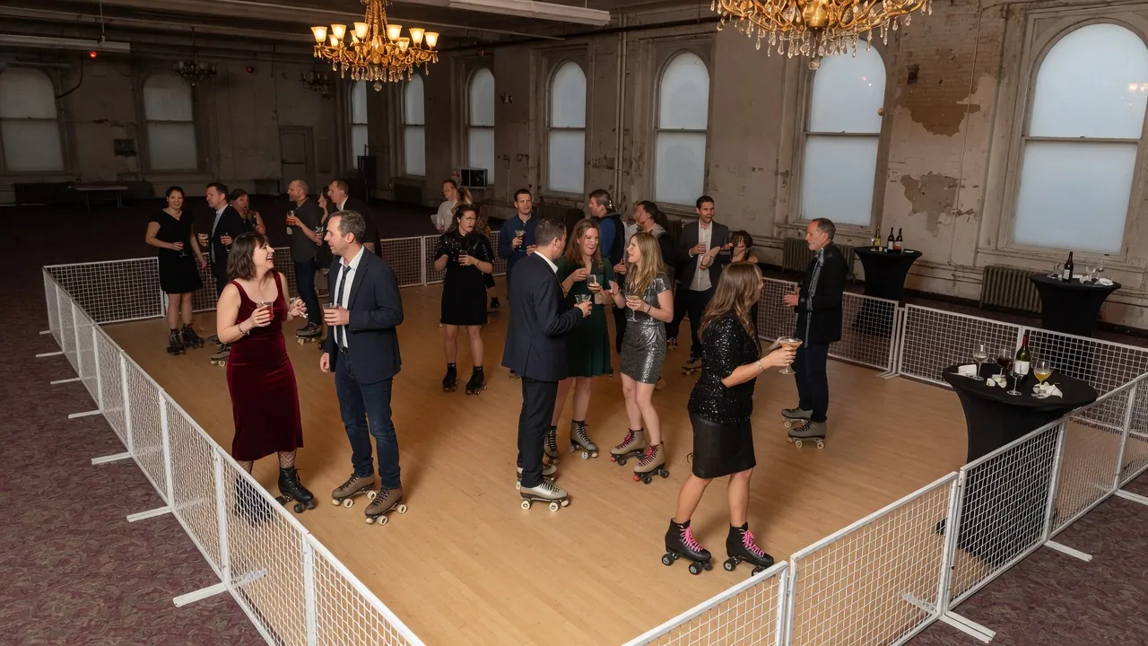 Portable roller rink rails, skates, and event lighting prepared inside school gyms, campus recreation rooms, and youth venues