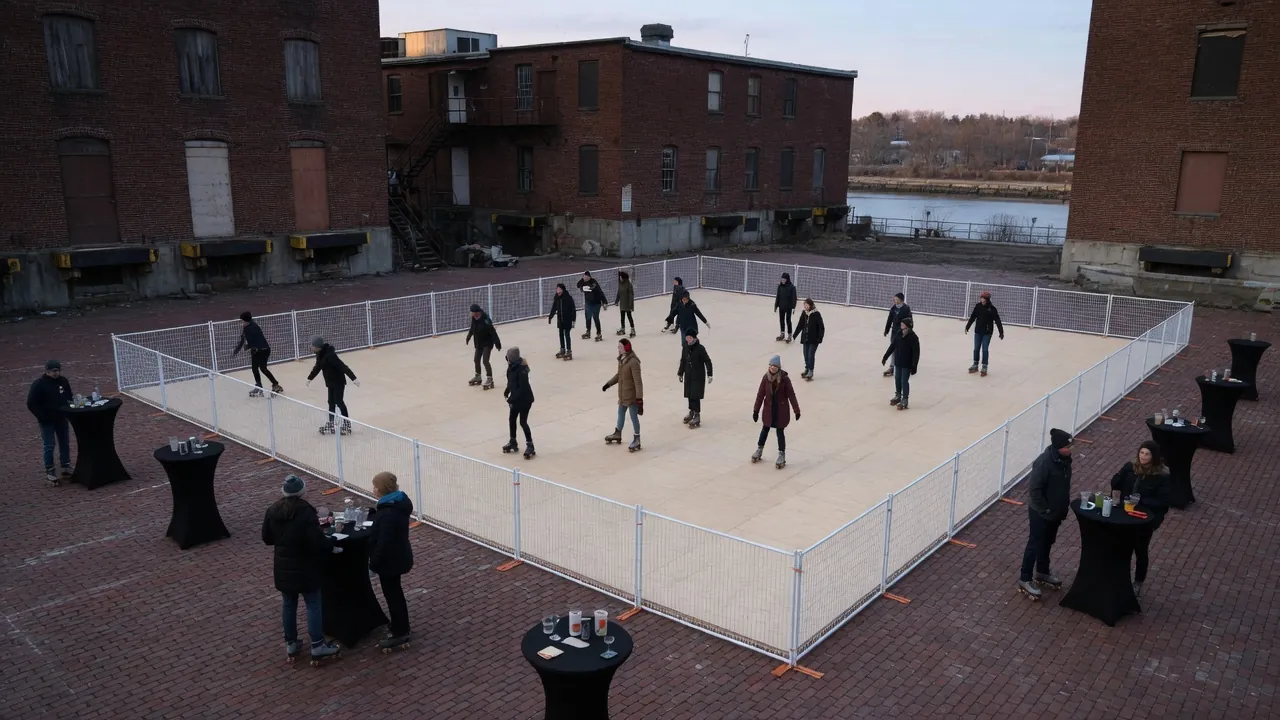 Students skating on a modular roller floor inside a gym