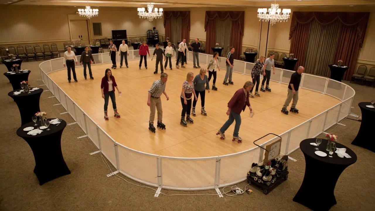 Portable roller floor, perimeter rails, skates, and fitting furnishings prepared for an event