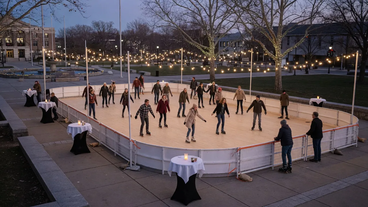Editorial photo of a portable outdoor roller rink on a Pennsylvania civic lawn at dusk; not a specific venue