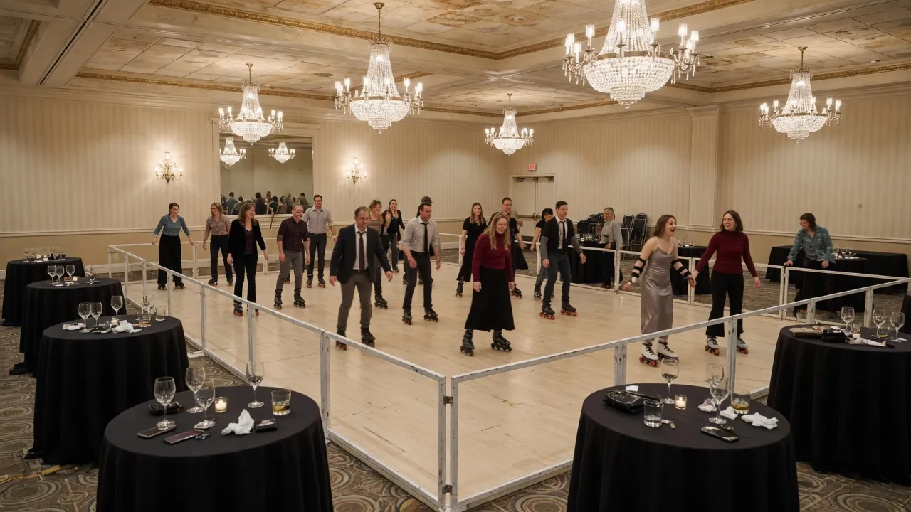 Editorial photo of a portable roller rink in a indoor hotel or civic hall; not a specific Philadelphia venue