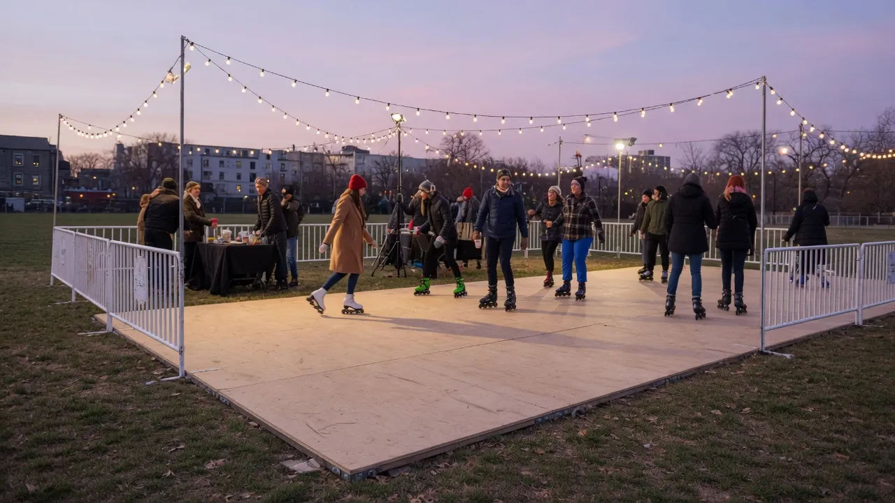 Editorial photo of a portable roller rink setup near a Philadelphia-style event pad; not a specific venue