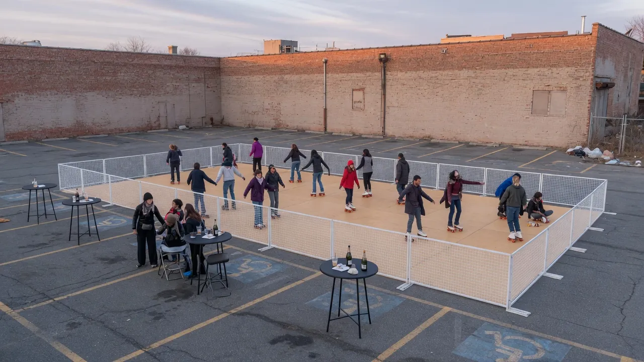 Editorial photo of a portable roller rink on a Center City–style plaza; not a specific Philadelphia venue