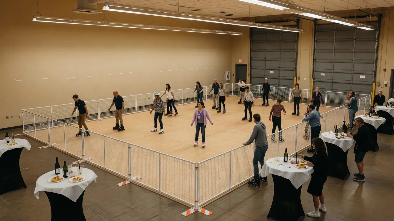 Editorial photo of a portable roller rink in a indoor exhibit hall; not a specific Pittsburgh venue
