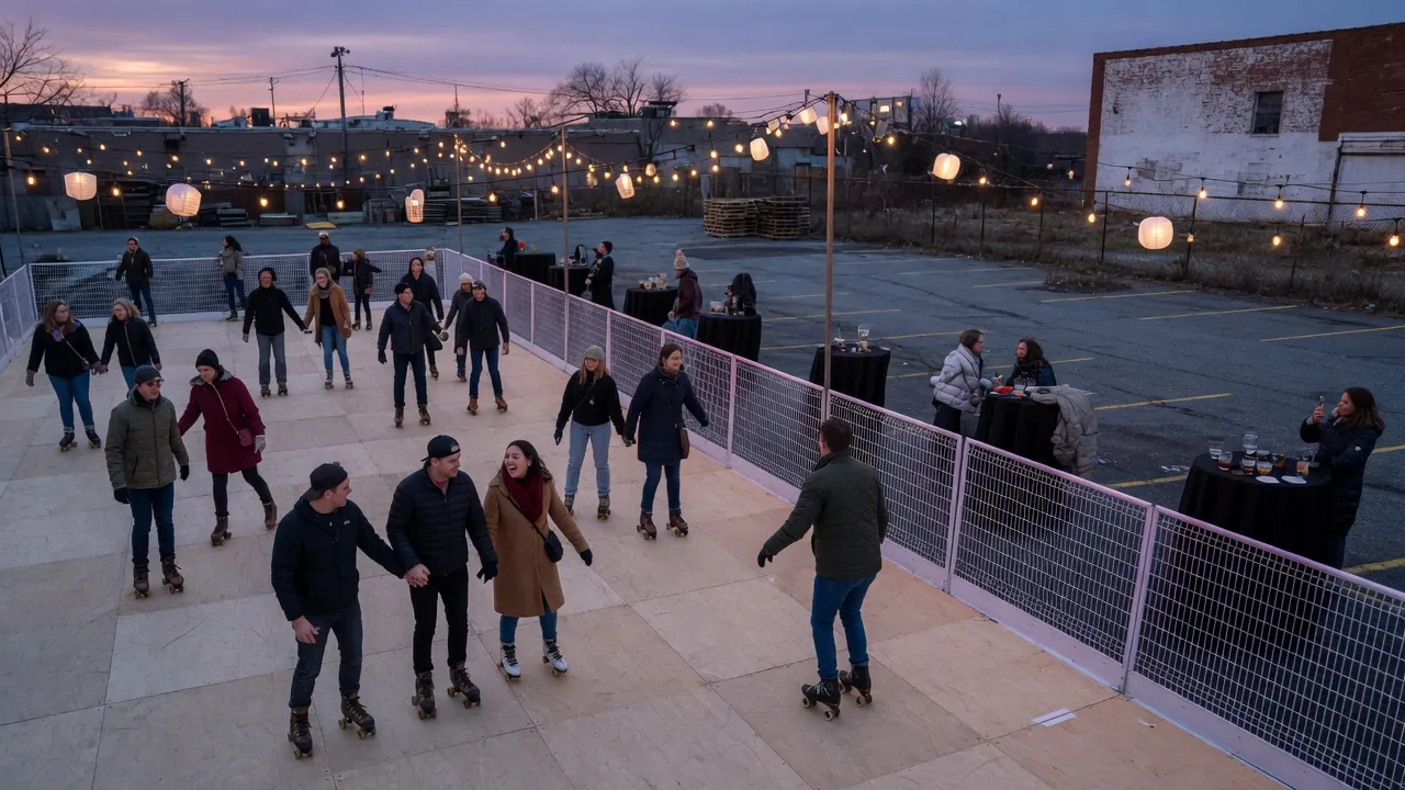 Editorial photo of a portable roller rink setup near a Pittsburgh-style event pad; not a specific venue