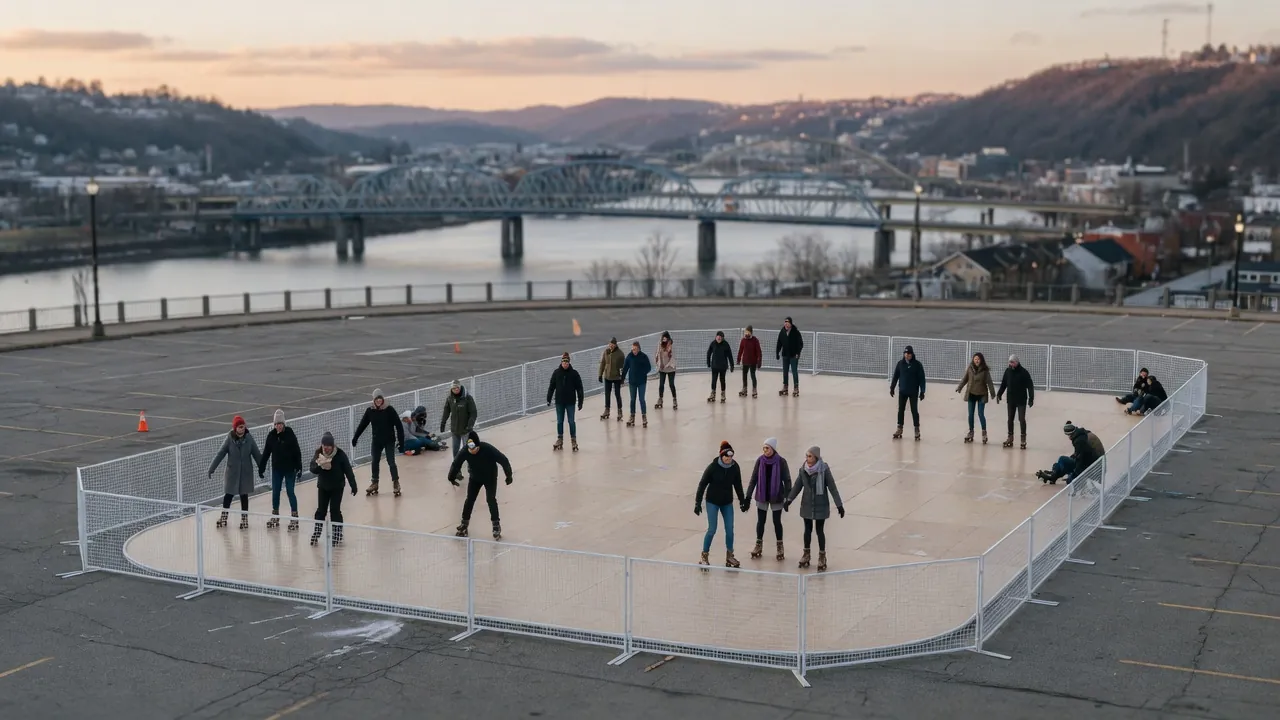 Editorial photo of a portable roller rink on a river-city winter plaza; not a specific Pittsburgh venue
