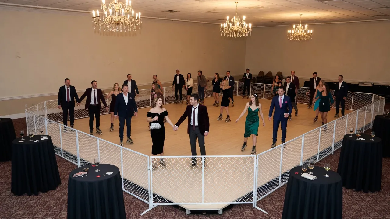 Portable rink rails and floor prepared inside a civic hall