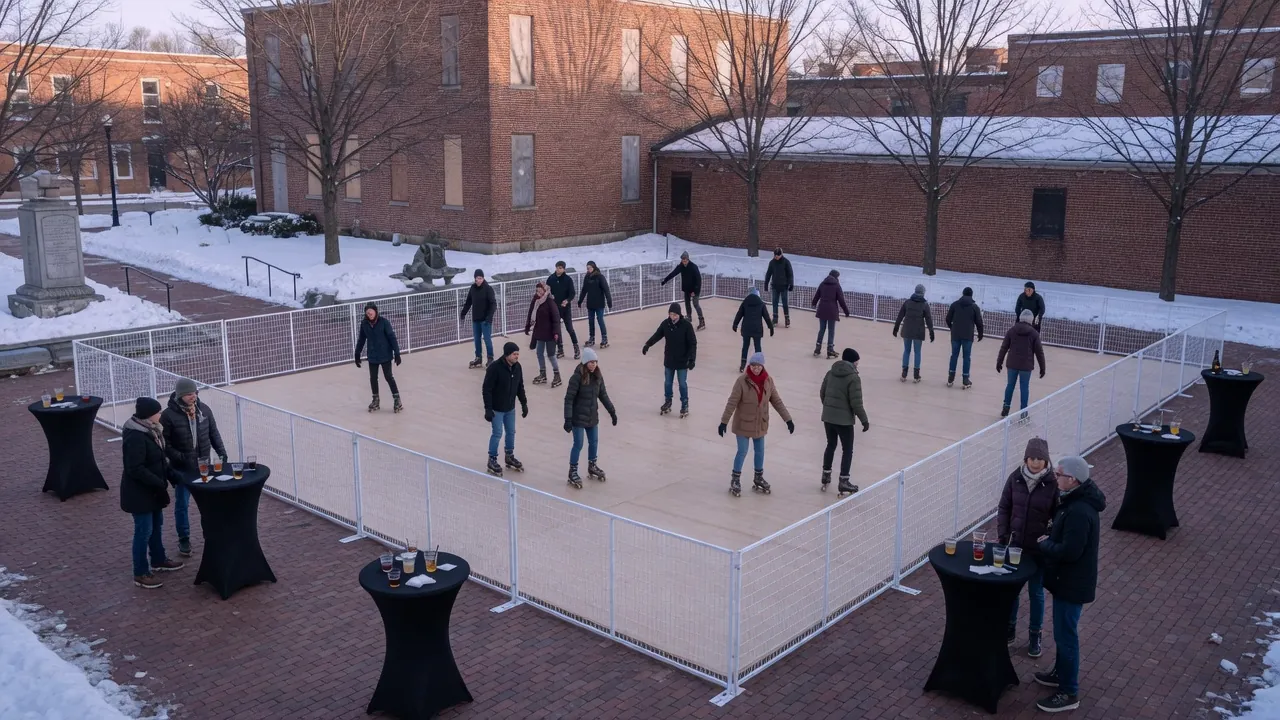 Families skating on a modular roller floor at a community event