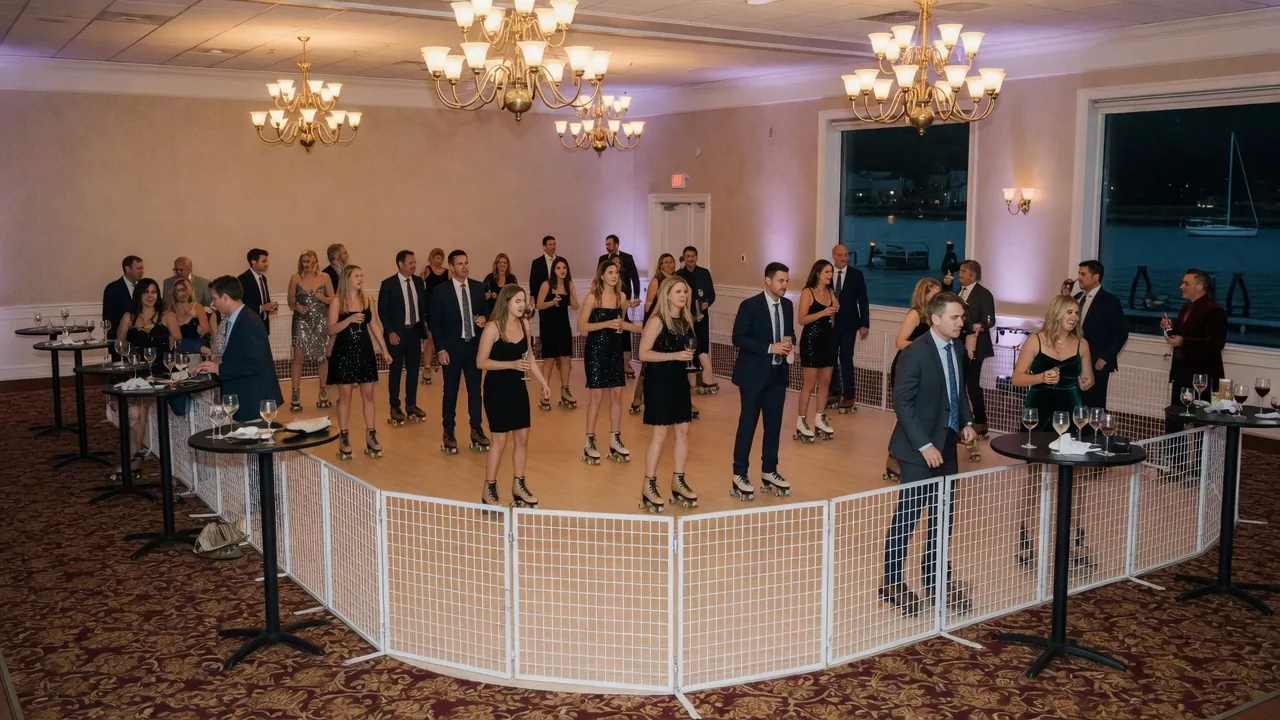 Portable roller rink rails, skates, and event lighting prepared inside indoor halls, covered venues, and weather-aware event spaces