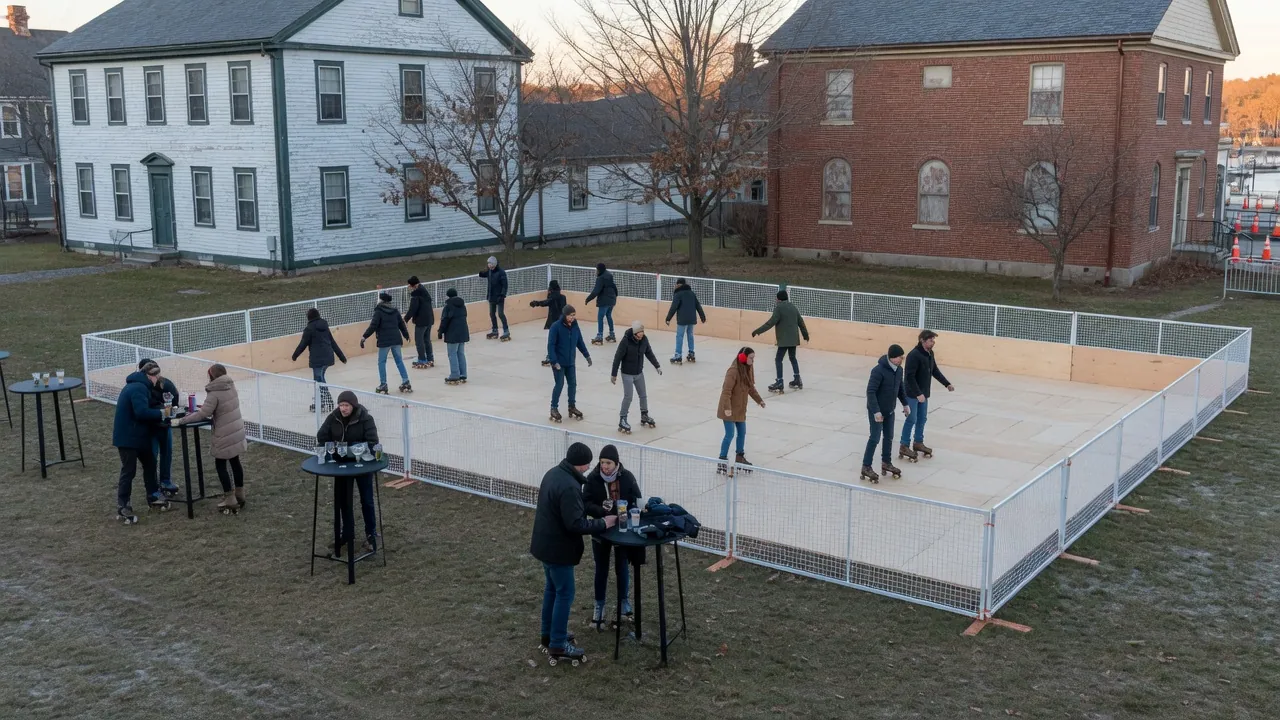 Guests skating on a modular roller floor inside a covered event venue