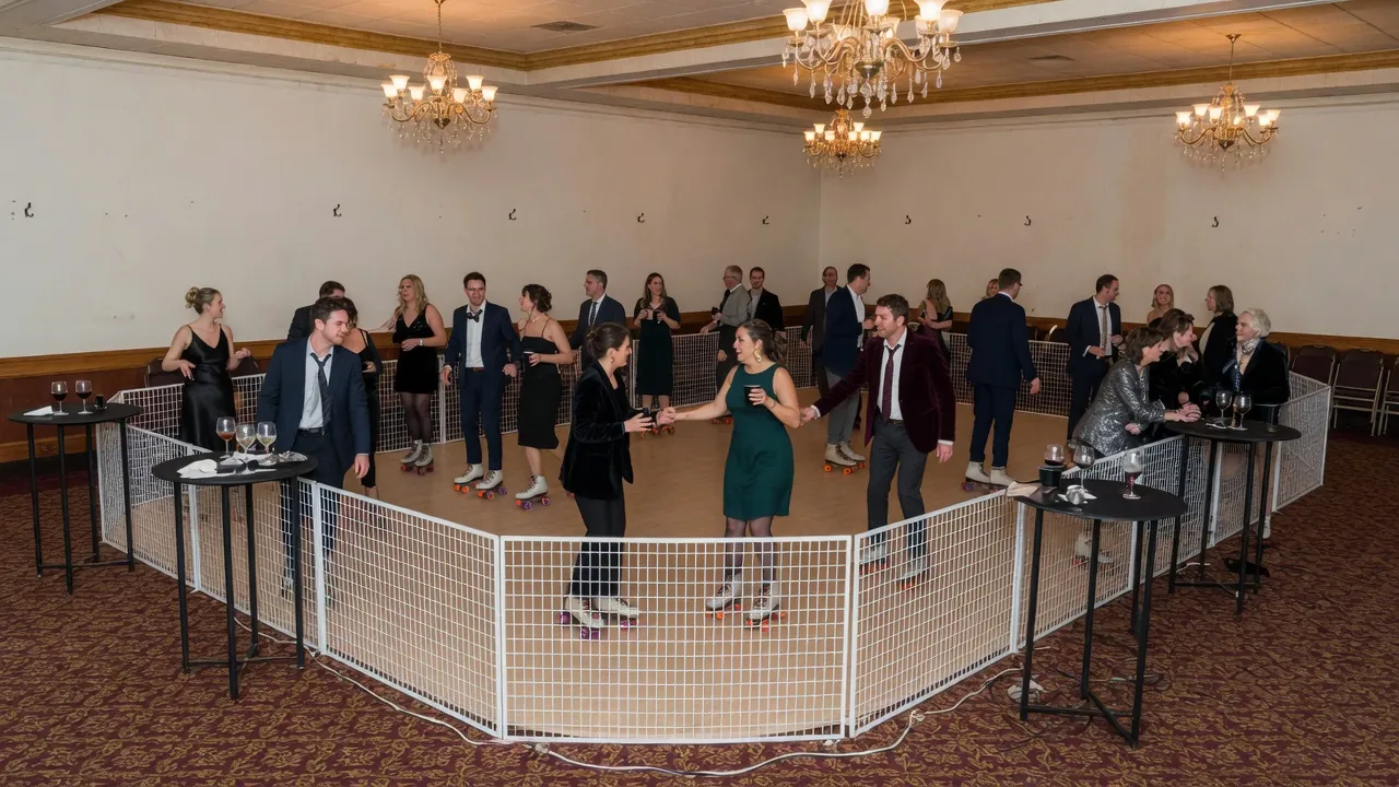 Portable rink rails and floor protection prepared for a school event