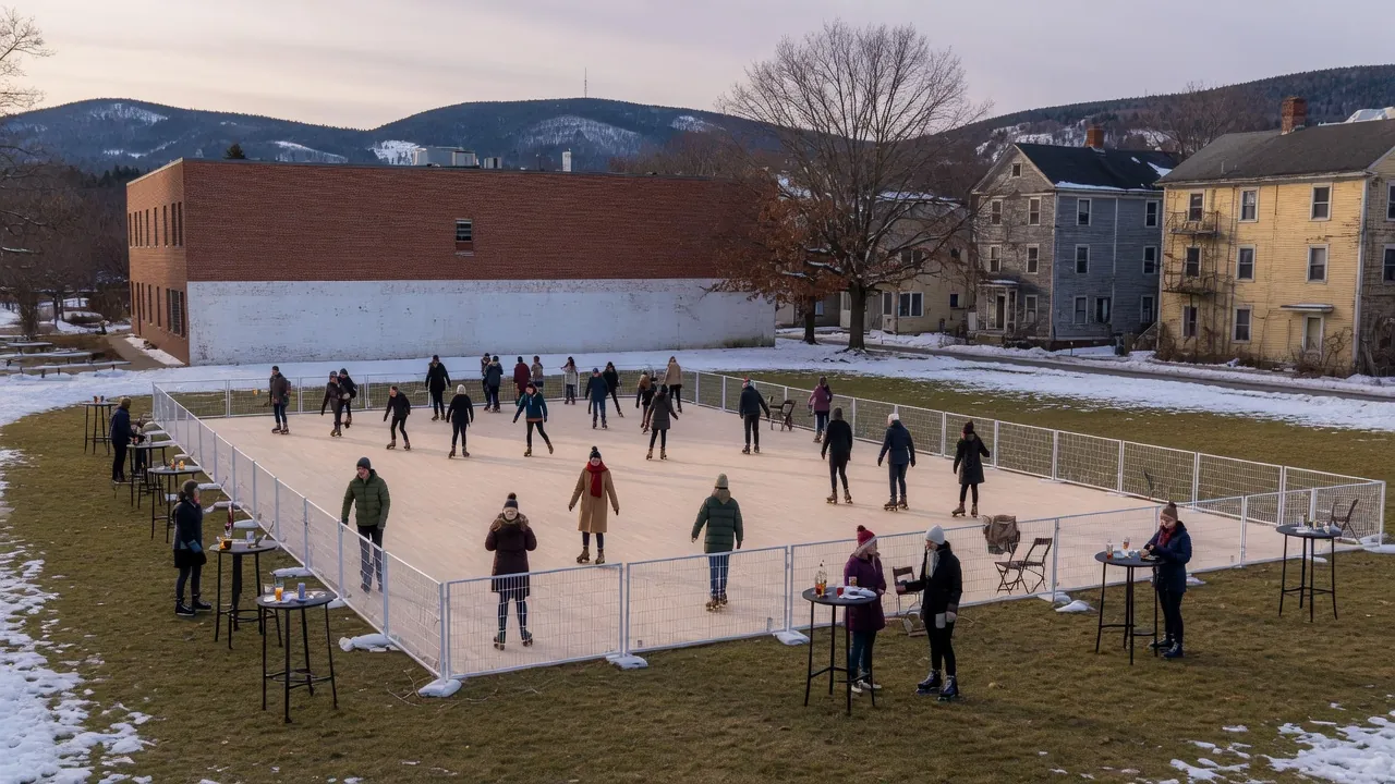 Students skating on a modular roller floor inside a gym