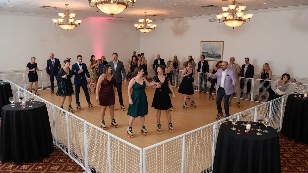 Portable roller rink rails and skating surface prepared in a ballroom