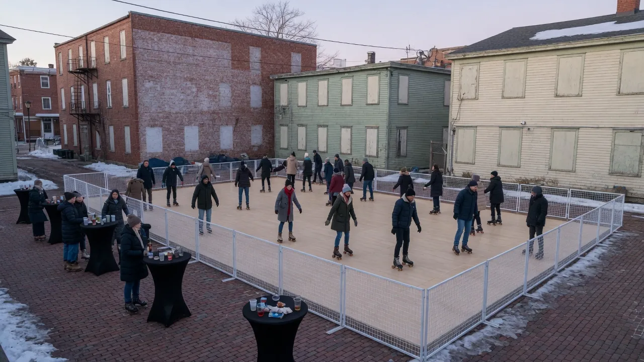 Guests skating on a modular roller floor inside a city event hall