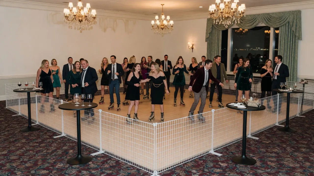 Portable rink rails and floor prepared inside a civic hall