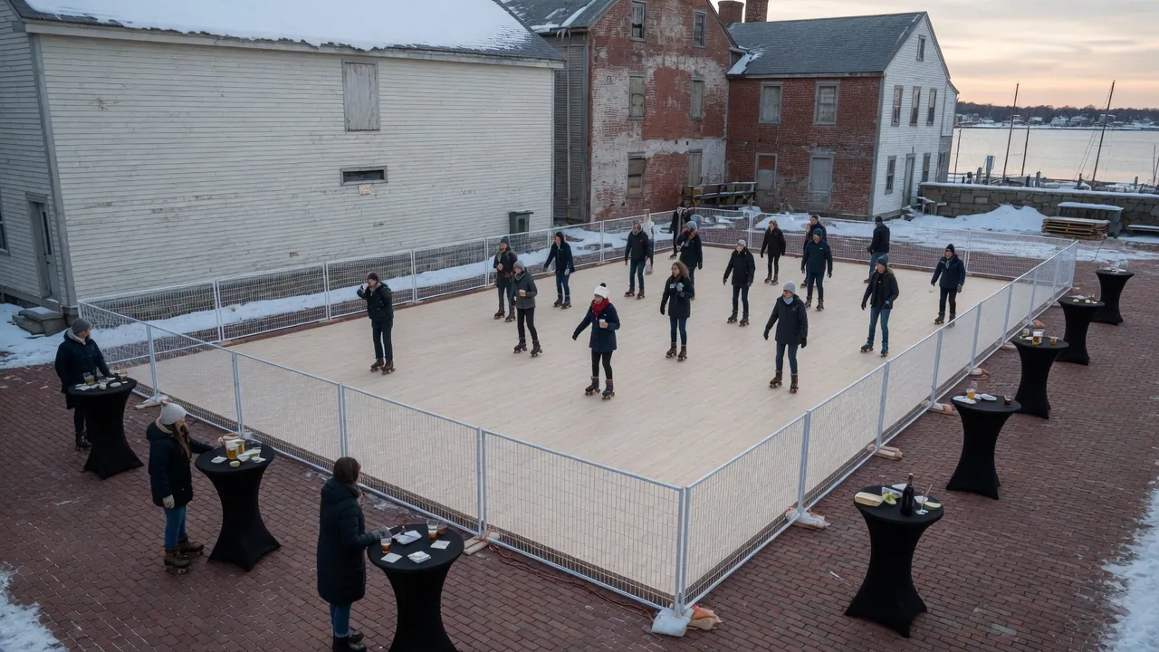 Families skating on a modular roller floor at a community event