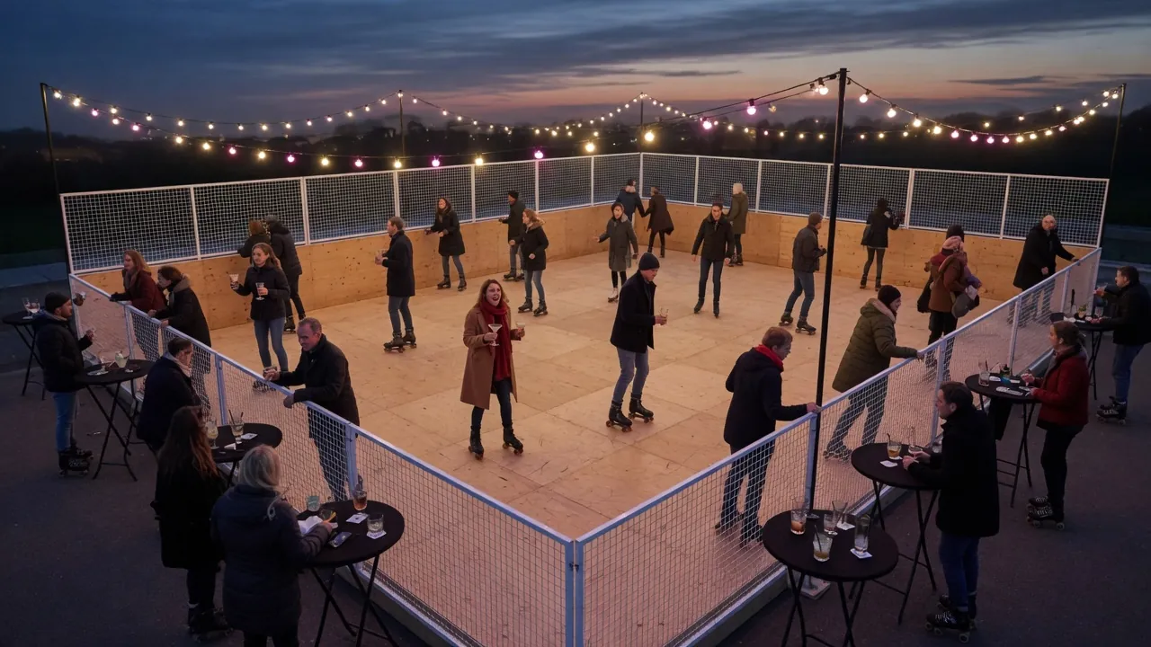 Editorial photo of a portable roller rink setup near a Poughkeepsie-style event pad; not a specific venue