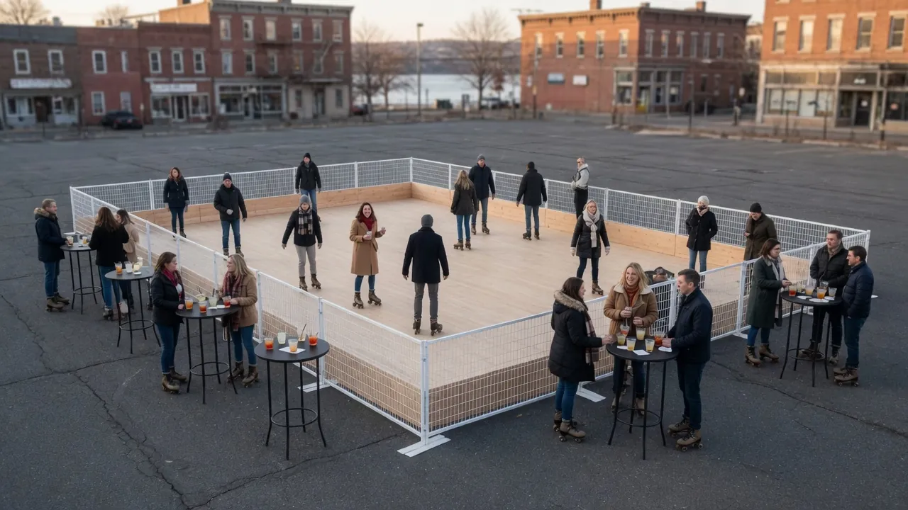 Editorial photo of a portable roller rink in a Poughkeepsie-style setting; not a specific venue