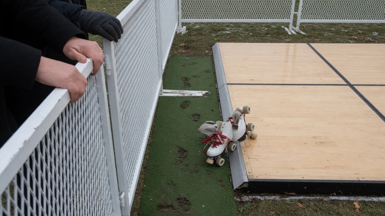 Editorial photo of event fencing and a guest path on a Princeton-style pad; not a specific venue