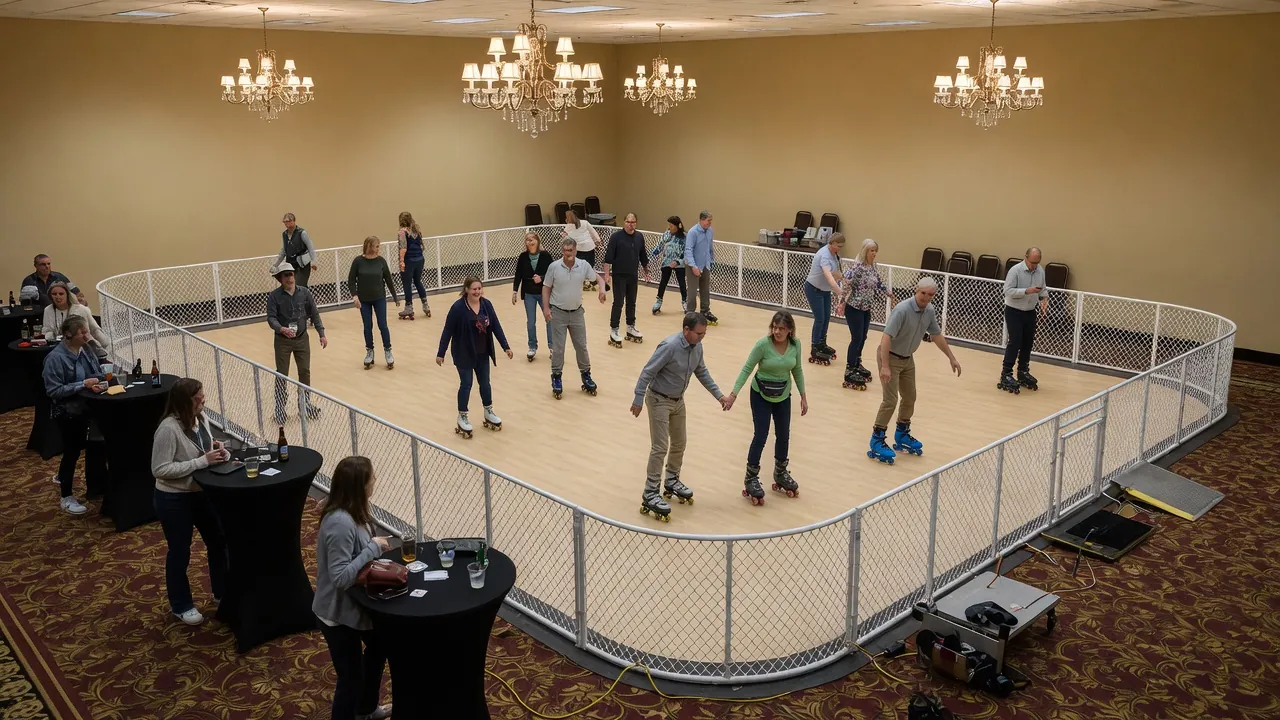 Editorial photo of a portable roller rink in a compact downtown winter square; not a specific Princeton venue