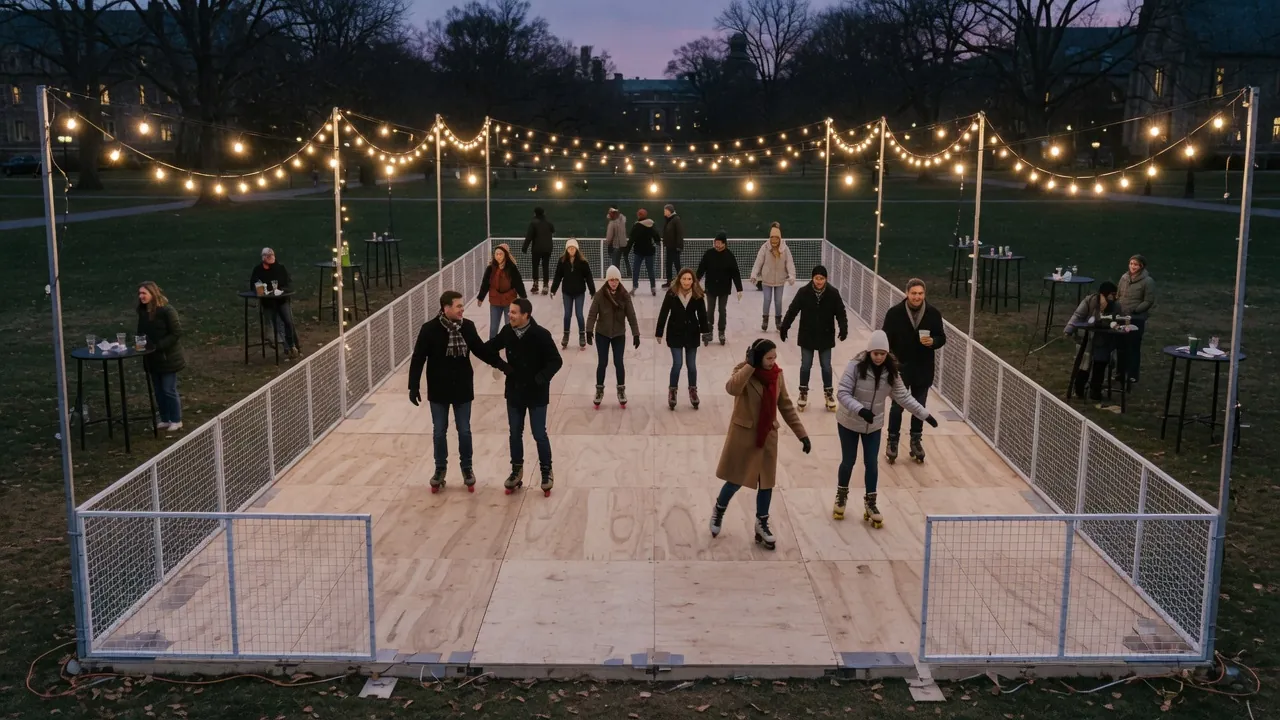 Editorial photo of a portable roller rink setup near a Princeton-style event pad; not a specific venue