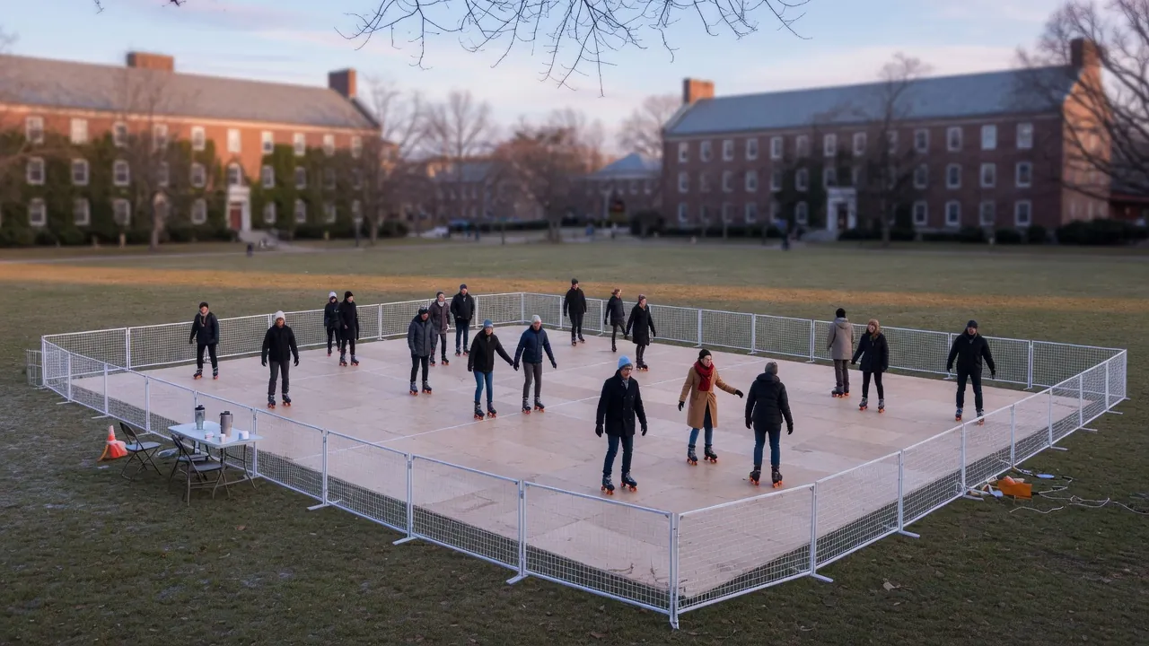 Editorial photo of a portable roller rink on a historic campus-town green; not a specific Princeton venue