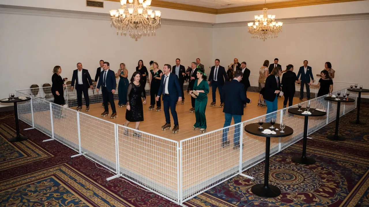 Portable roller rink rails and lighting prepared in a ballroom