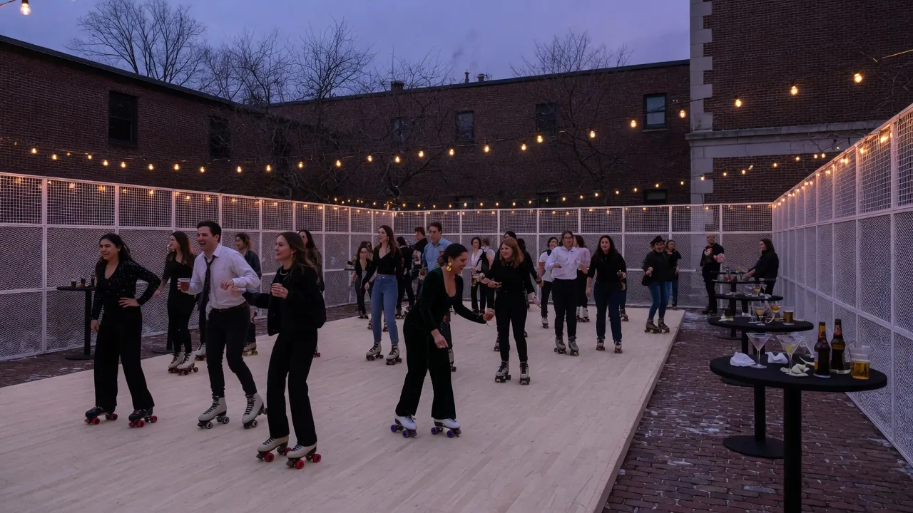 Roller skates arranged beside a guest fitting and check-in area